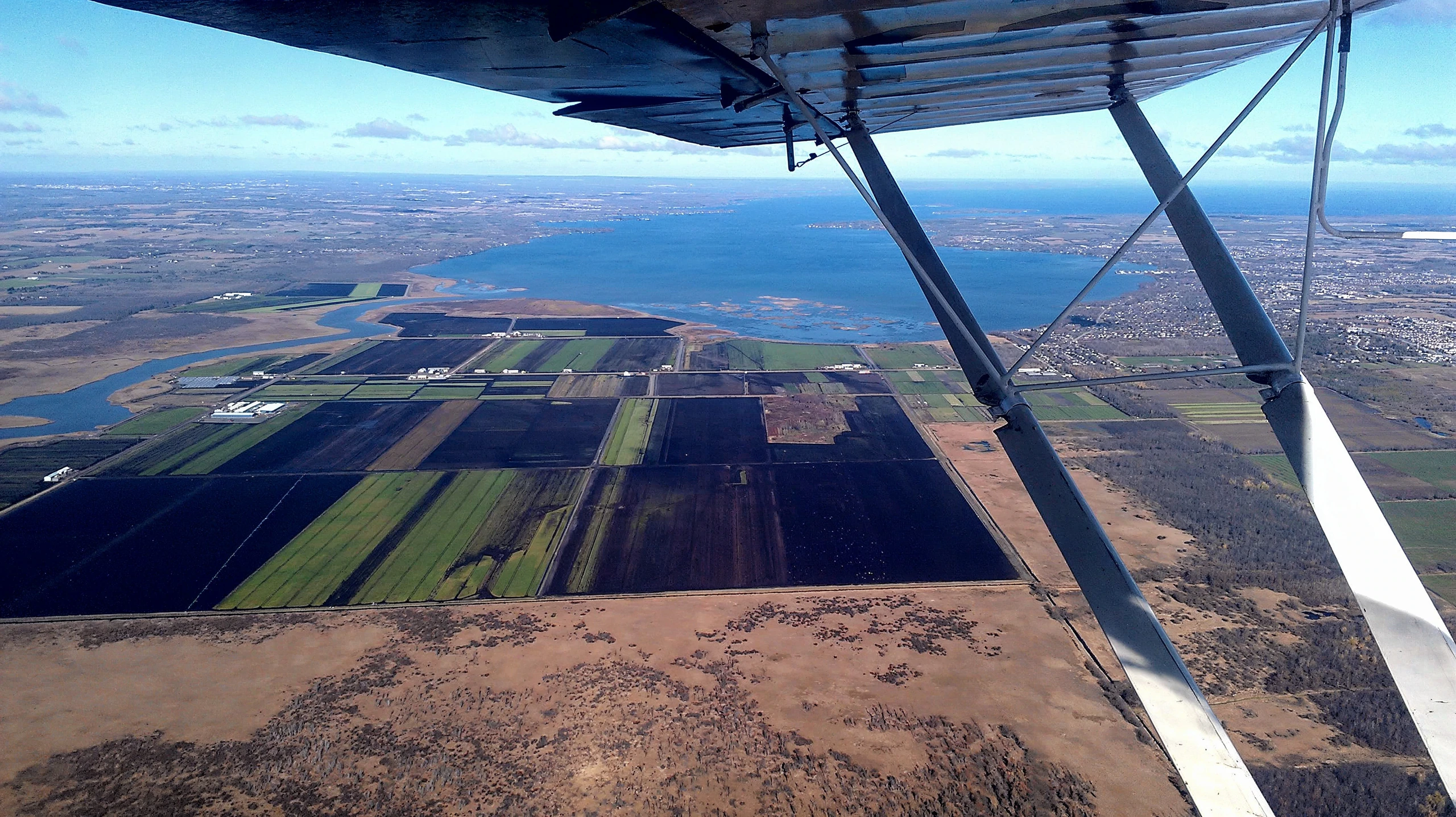 View across the countryside and lake from a light aeroplane